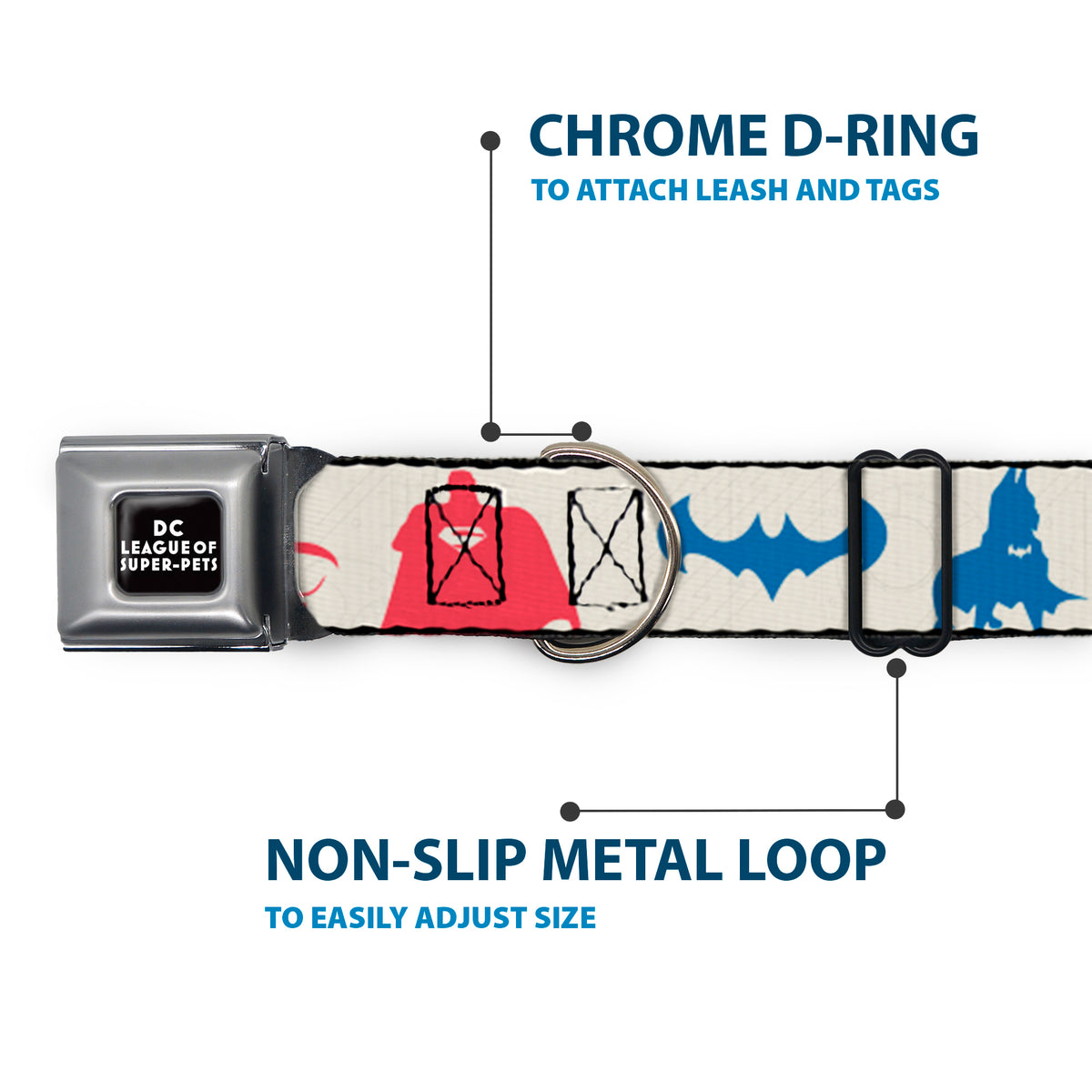 DC LEAGUE OF SUPER-PETS Logo Full Color Black/White Seatbelt Buckle Collar - DC League of Super-Pets Superhero with Pets and Logos Silhouette White/Multi Color Dog Collars Seatbelt Buckle DC Comics