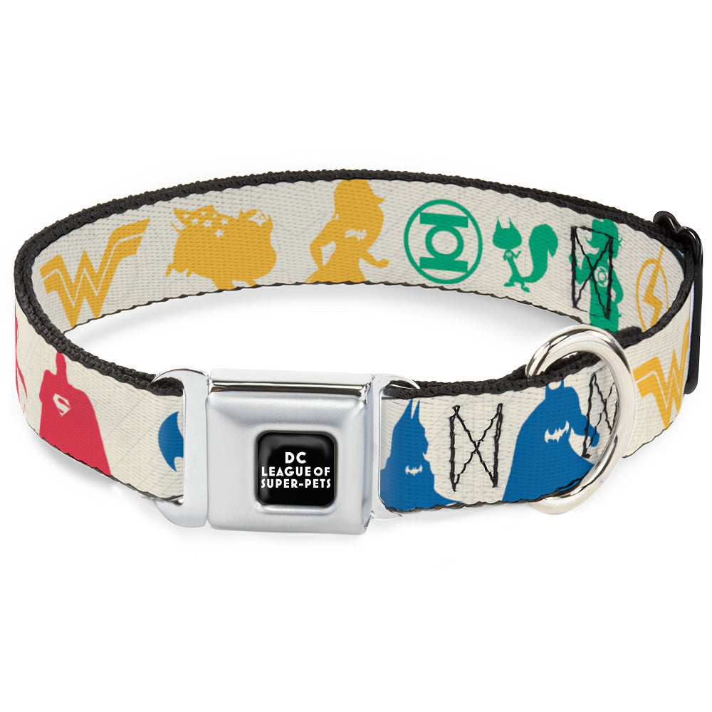 DC LEAGUE OF SUPER-PETS Logo Full Color Black/White Seatbelt Buckle Collar - DC League of Super-Pets Superhero with Pets and Logos Silhouette White/Multi Color Dog Collars Seatbelt Buckle DC Comics