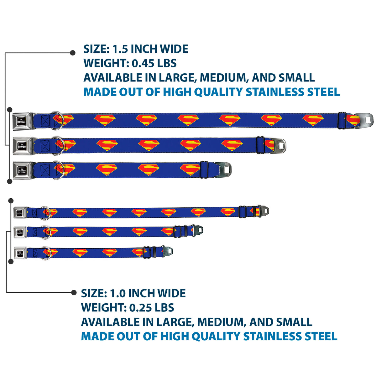DC LEAGUE OF SUPER-PETS Logo Full Color Black/White Seatbelt Buckle Collar - DC League of Super-Pets Superman Shield Logo Blue/Red/Yellow Dog Collars Seatbelt Buckle DC Comics