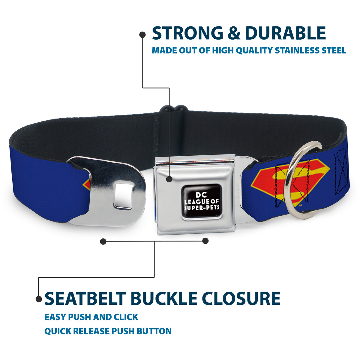 DC LEAGUE OF SUPER-PETS Logo Full Color Black/White Seatbelt Buckle Collar - DC League of Super-Pets Superman Shield Logo Blue/Red/Yellow Dog Collars Seatbelt Buckle DC Comics