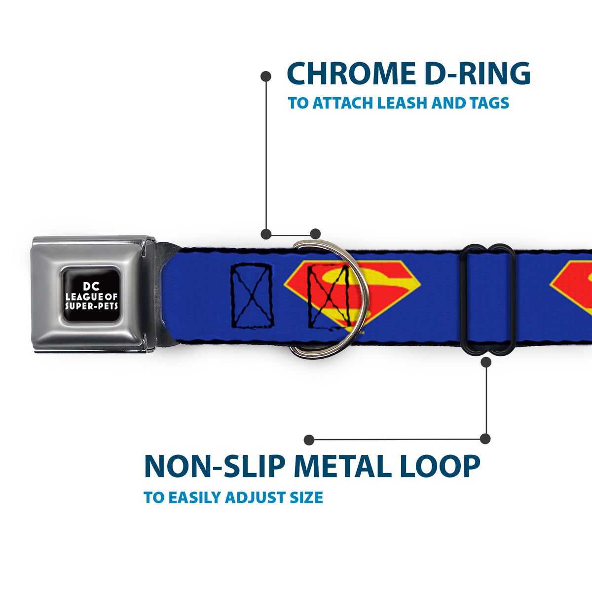 DC LEAGUE OF SUPER-PETS Logo Full Color Black/White Seatbelt Buckle Collar - DC League of Super-Pets Superman Shield Logo Blue/Red/Yellow Dog Collars Seatbelt Buckle DC Comics
