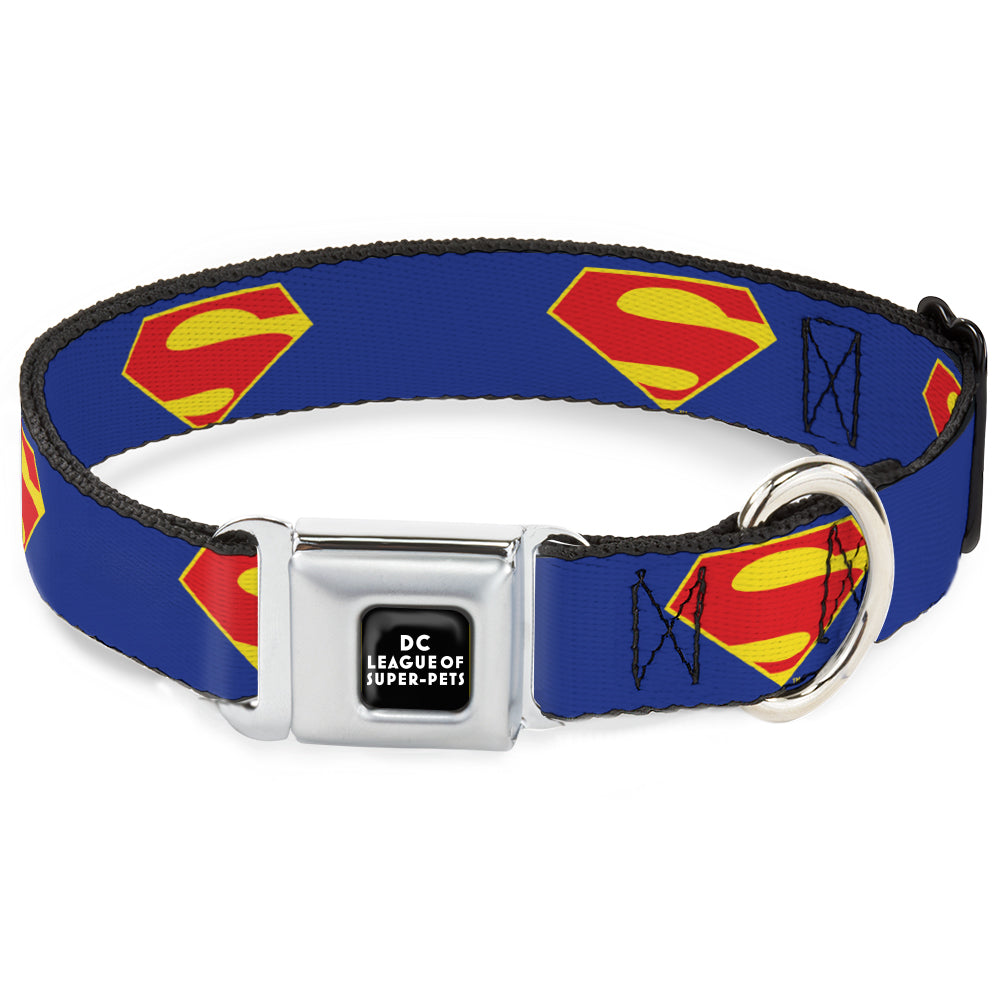 DC LEAGUE OF SUPER-PETS Logo Full Color Black/White Seatbelt Buckle Collar - DC League of Super-Pets Superman Shield Logo Blue/Red/Yellow Dog Collars Seatbelt Buckle DC Comics