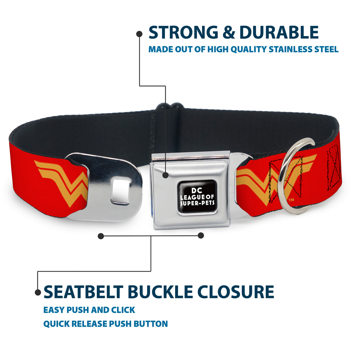 DC LEAGUE OF SUPER-PETS Logo Full Color Black/White Seatbelt Buckle Collar - DC League of Super-Pets Wonder Woman Logo Red/Yellow Dog Collars Seatbelt Buckle DC Comics