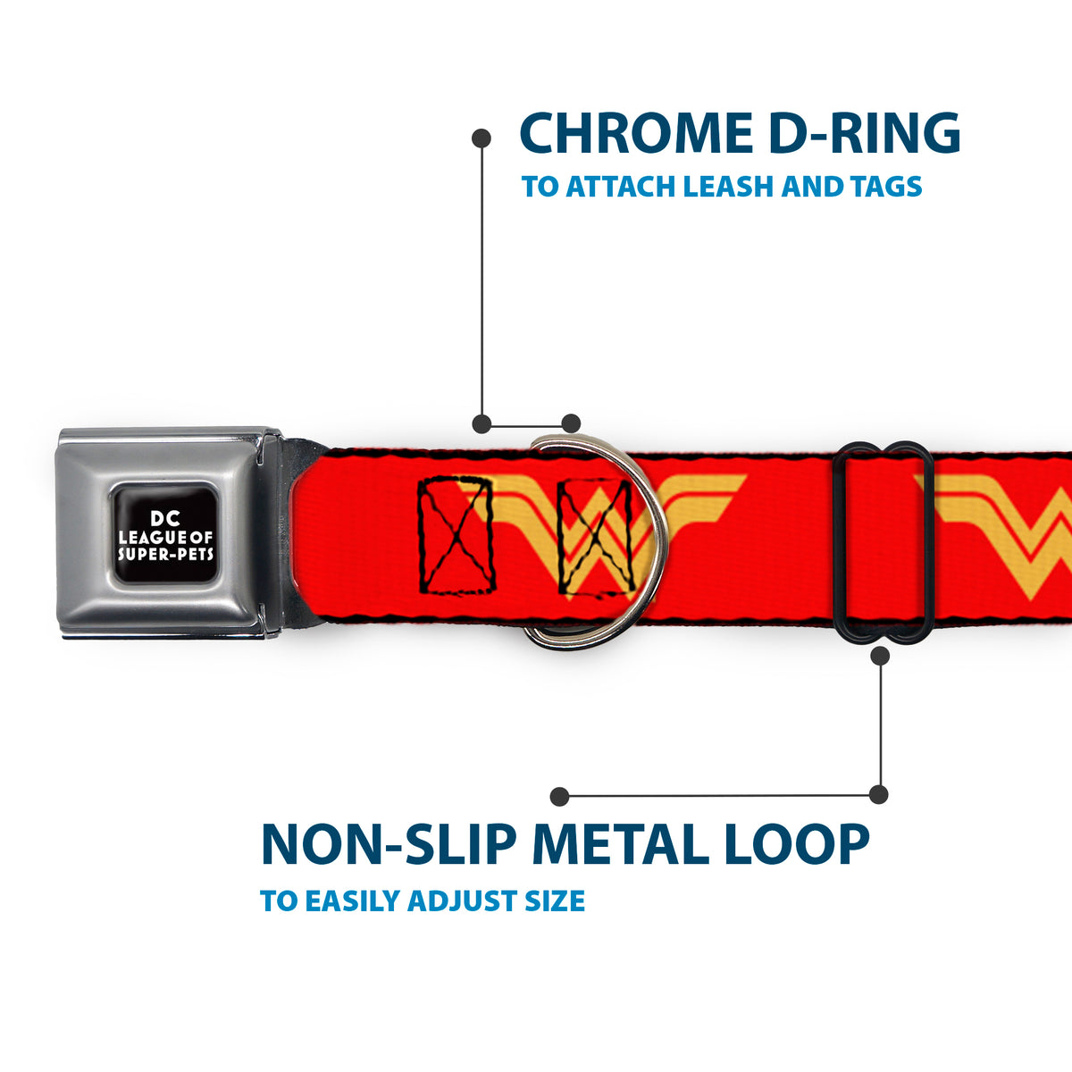 DC LEAGUE OF SUPER-PETS Logo Full Color Black/White Seatbelt Buckle Collar - DC League of Super-Pets Wonder Woman Logo Red/Yellow Dog Collars Seatbelt Buckle DC Comics