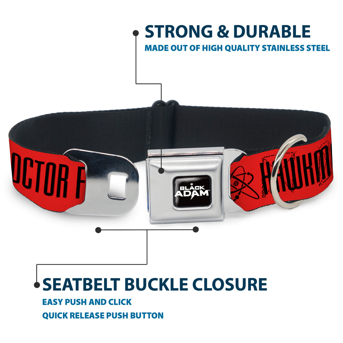 DC BLACK ADAM Title Logo Full Color Black/White Seatbelt Buckle Collar - Black Adam JUSTICE SOCIETY Icons and Text Red/Black Dog Collars Seatbelt Buckle DC Comics