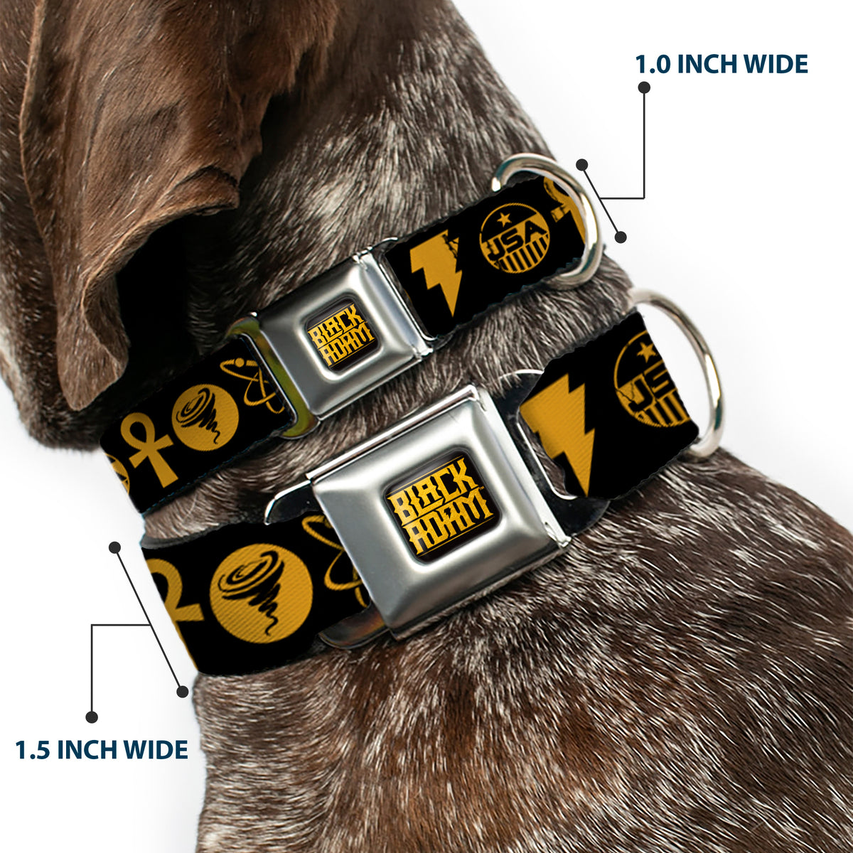 BLACK ADAM Title Logo Full Color Black/Yellows Seatbelt Buckle Collar - Black Adam Justice Society Icons Black/Orange Dog Collars Seatbelt Buckle DC Comics