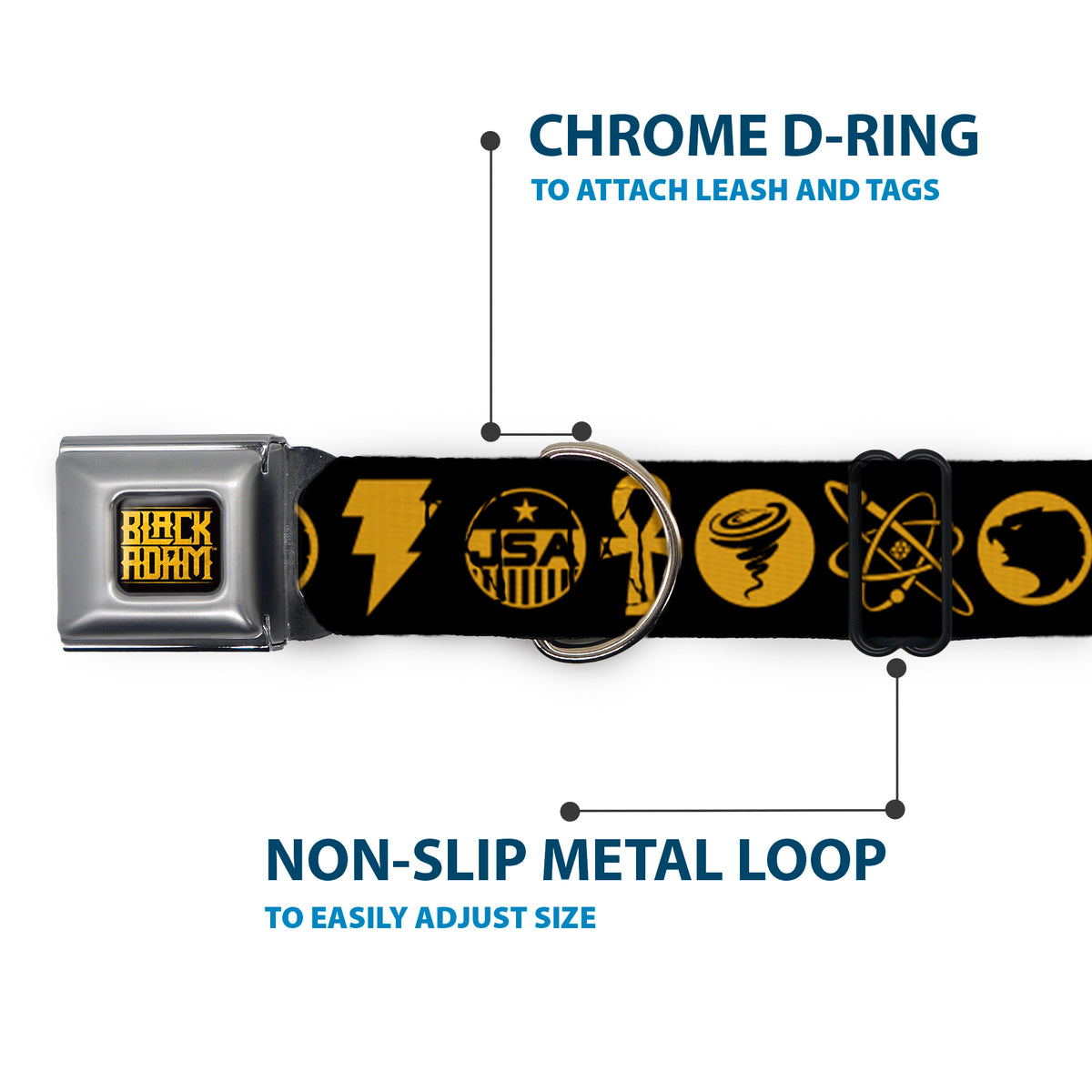 BLACK ADAM Title Logo Full Color Black/Yellows Seatbelt Buckle Collar - Black Adam Justice Society Icons Black/Orange Dog Collars Seatbelt Buckle DC Comics