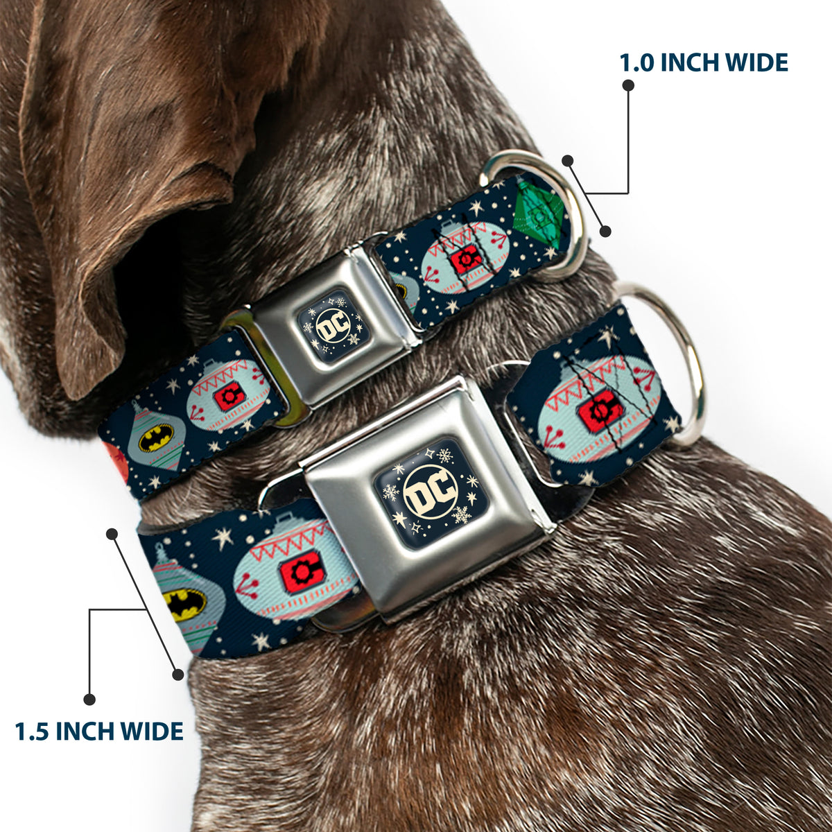 DC Comics Holiday Logo Full Color Black/White Seatbelt Buckle Collar - DC Comics Justice League Holiday Ornament Icons and Stars Dog Collars Seatbelt Buckle DC Comics
