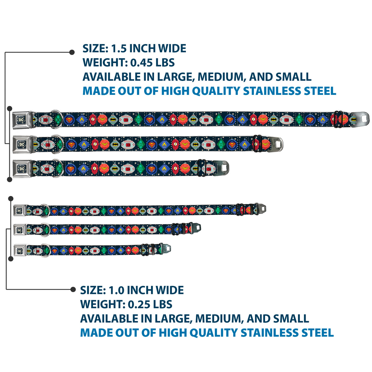DC Comics Holiday Logo Full Color Black/White Seatbelt Buckle Collar - DC Comics Justice League Holiday Ornament Icons and Stars Dog Collars Seatbelt Buckle DC Comics