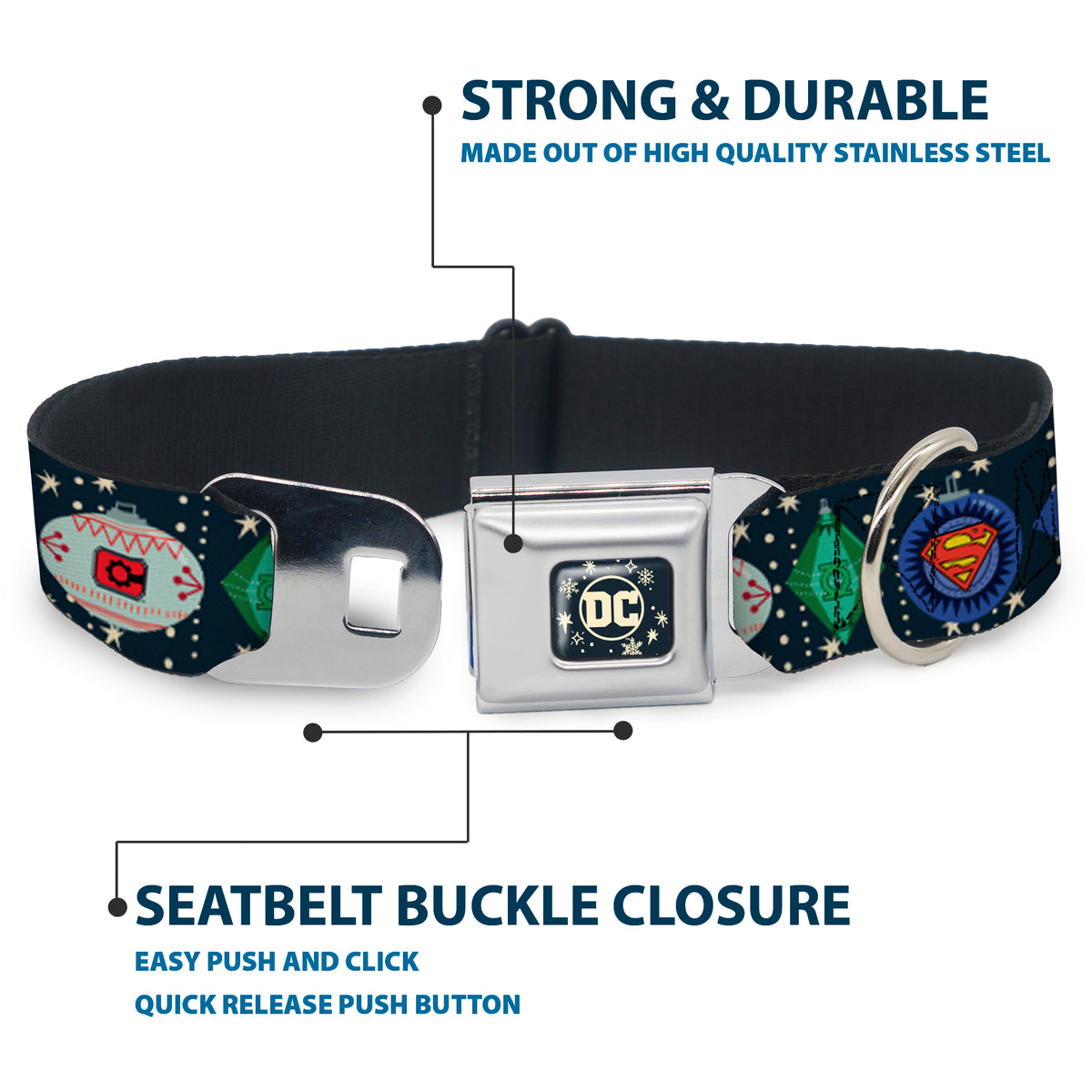 DC Comics Holiday Logo Full Color Black/White Seatbelt Buckle Collar - DC Comics Justice League Holiday Ornament Icons and Stars Dog Collars Seatbelt Buckle DC Comics