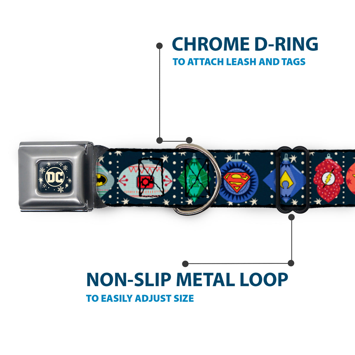 DC Comics Holiday Logo Full Color Black/White Seatbelt Buckle Collar - DC Comics Justice League Holiday Ornament Icons and Stars Dog Collars Seatbelt Buckle DC Comics