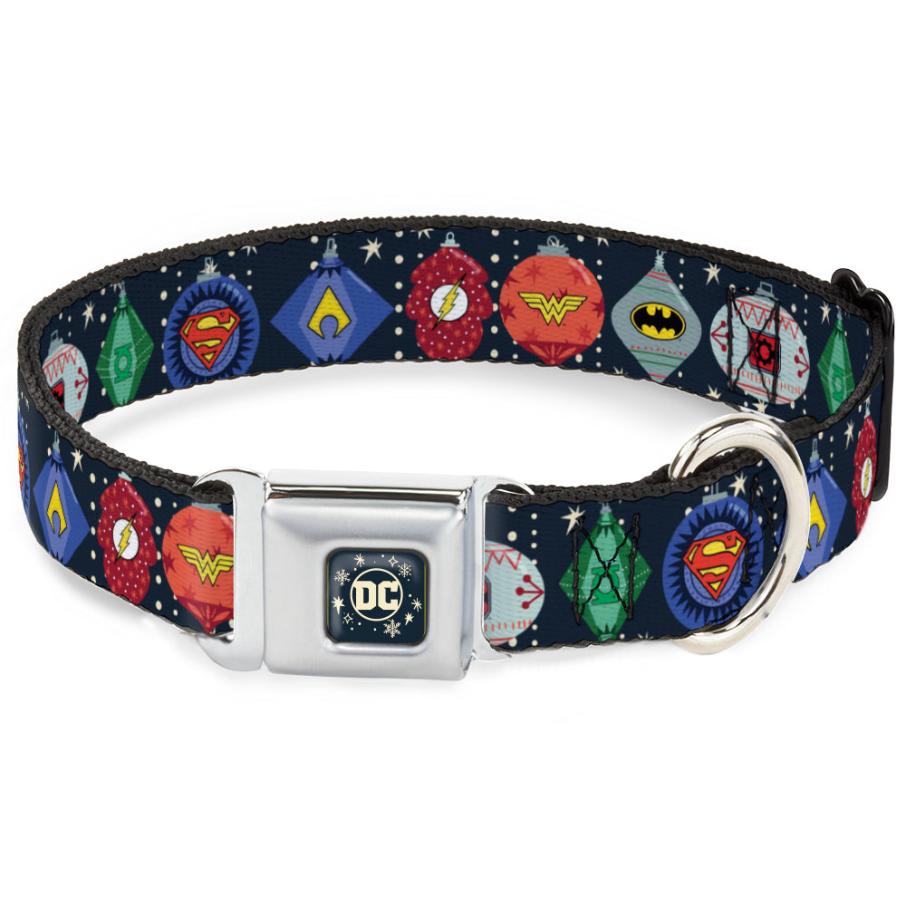 DC Comics Holiday Logo Full Color Black/White Seatbelt Buckle Collar - DC Comics Justice League Holiday Ornament Icons and Stars Dog Collars Seatbelt Buckle DC Comics