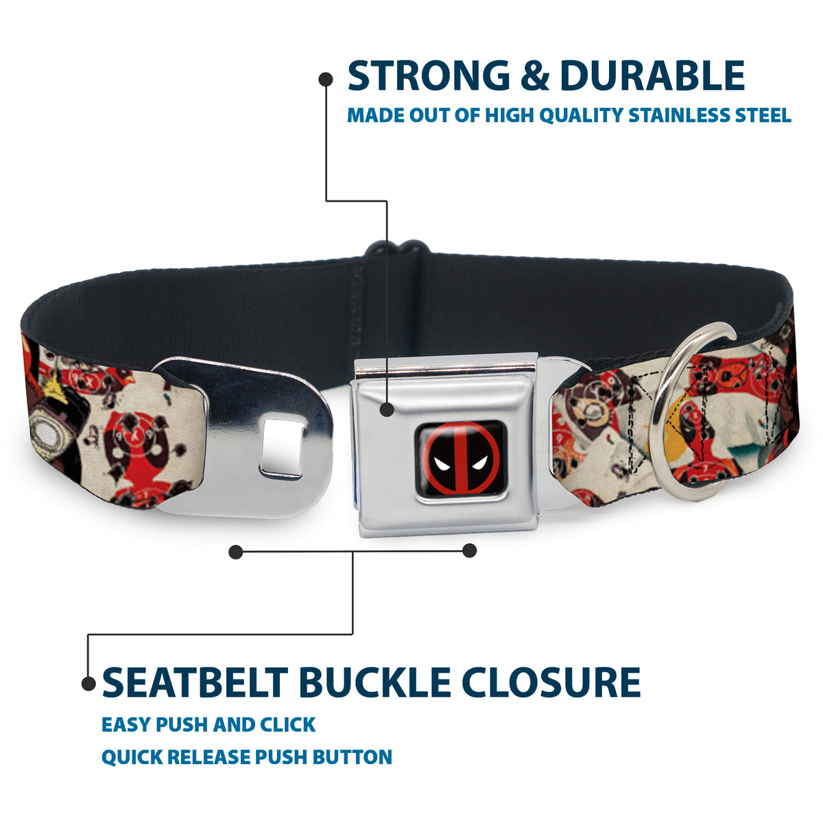 MARVEL DEADPOOL Deadpool Logo Full Color Black Red White Seatbelt Buckle Collar - Deadpool Shooting/Targets Dog Collars Seatbelt Buckle Marvel Comics