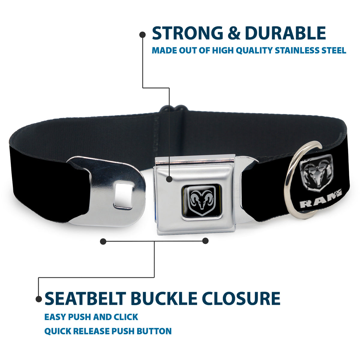 Ram Black/Silver Seatbelt Buckle Collar - Ram Black/Silver Logo REPEAT Dog Collars Seatbelt Buckle Ram