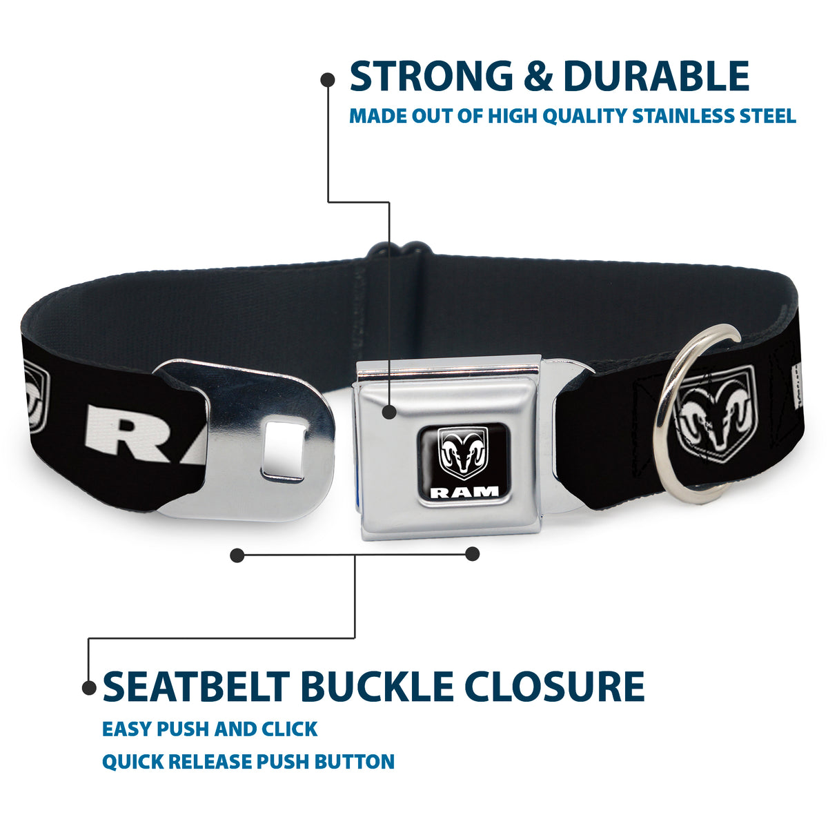 Ram Shield Logo Full Color Black/White Seatbelt Buckle Collar - RAM Shield Logo/Bold Text Black/White Dog Collars Seatbelt Buckle Dodge