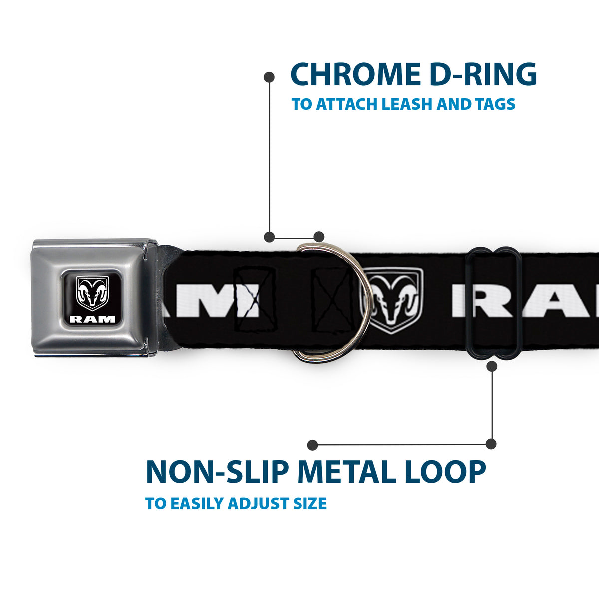 Ram Shield Logo Full Color Black/White Seatbelt Buckle Collar - RAM Shield Logo/Bold Text Black/White Dog Collars Seatbelt Buckle Dodge