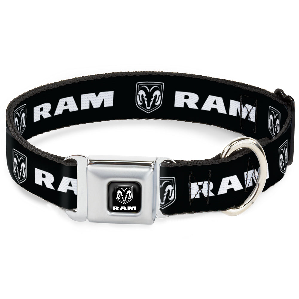 Ram Shield Logo Full Color Black/White Seatbelt Buckle Collar - RAM Shield Logo/Bold Text Black/White Dog Collars Seatbelt Buckle Dodge