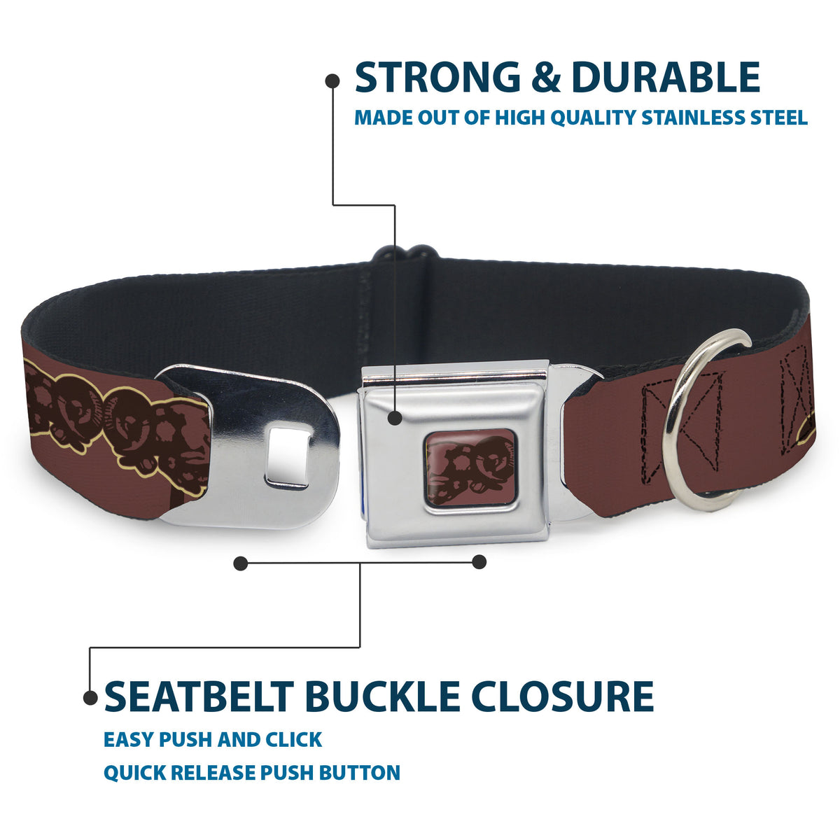 Charging Ram Logo Full Color Browns Seatbelt Buckle Collar - Dodge Americana RAM CHARGER Browns Dog Collars Seatbelt Buckle Ram