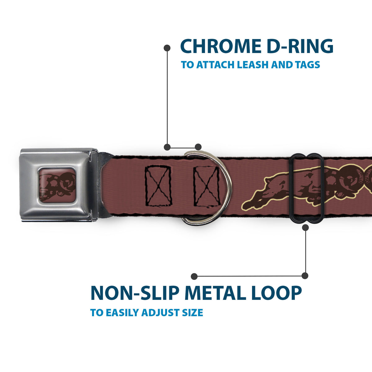 Charging Ram Logo Full Color Browns Seatbelt Buckle Collar - Dodge Americana RAM CHARGER Browns Dog Collars Seatbelt Buckle Ram
