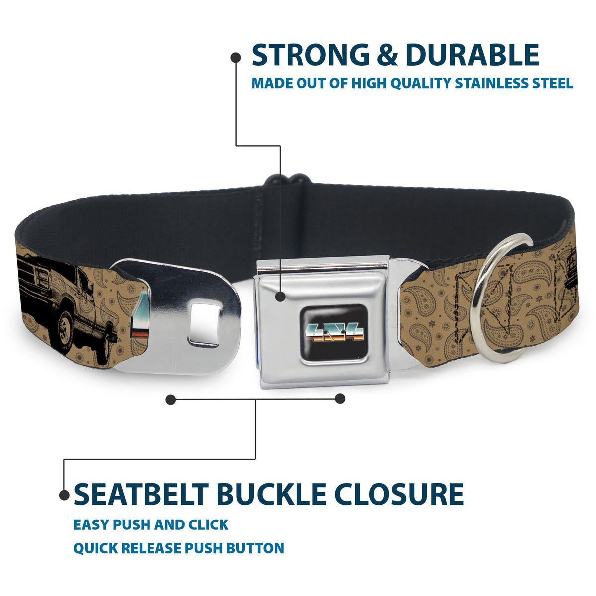 Dodge 4x4 Text Logo Full Color Black Seatbelt Buckle Collar - Dodge Power Wagon Truck 4x4 Paisley Tan/Black Dog Collars Seatbelt Buckle Ram
