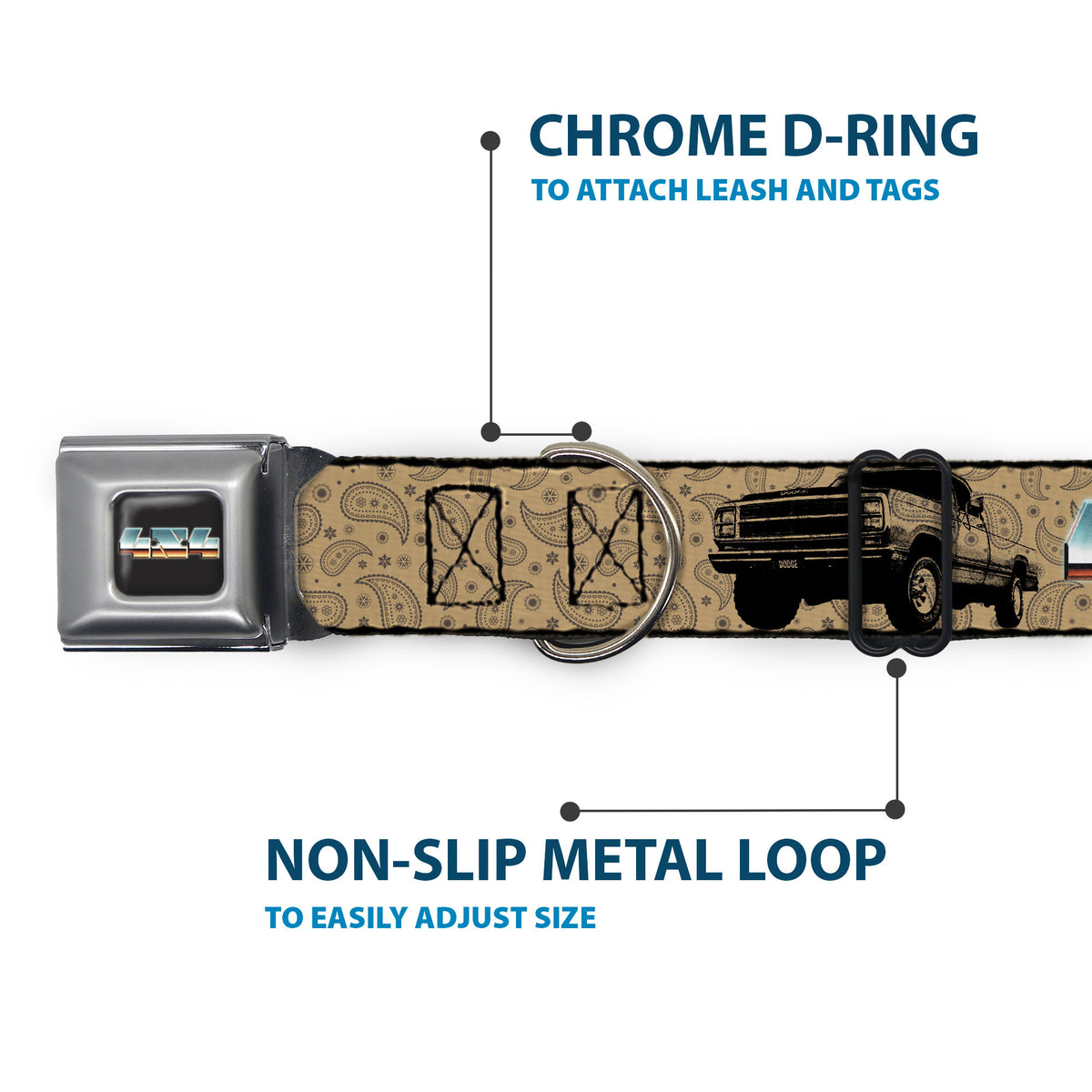 Dodge 4x4 Text Logo Full Color Black Seatbelt Buckle Collar - Dodge Power Wagon Truck 4x4 Paisley Tan/Black Dog Collars Seatbelt Buckle Ram