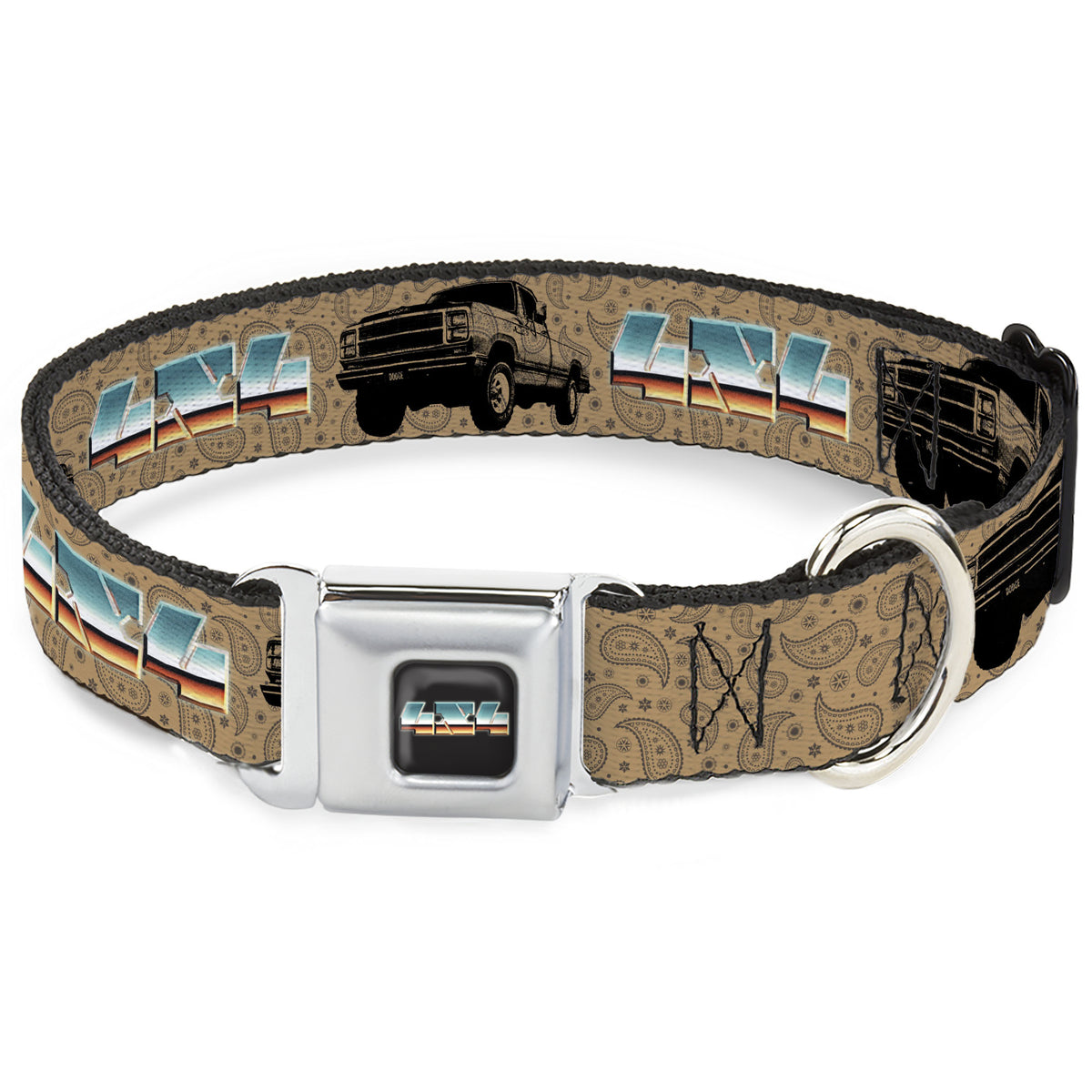 Dodge 4x4 Text Logo Full Color Black Seatbelt Buckle Collar - Dodge Power Wagon Truck 4x4 Paisley Tan/Black Dog Collars Seatbelt Buckle Ram