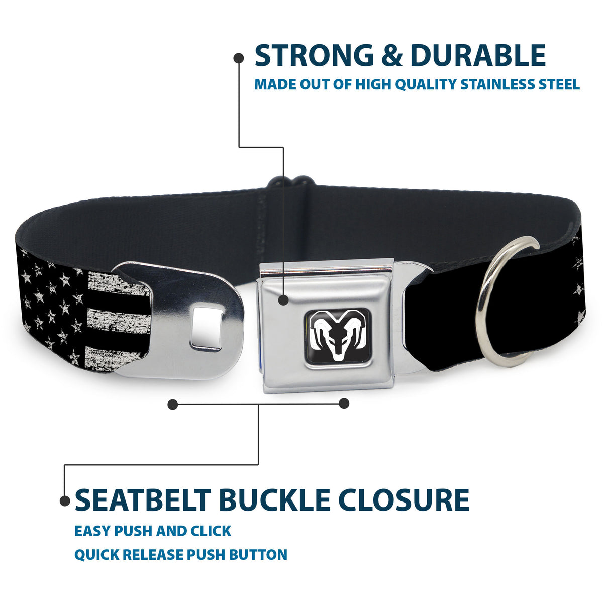 Ram Logo Full Color Black/White Seatbelt Buckle Collar - RAM Text and Logo Americana Weathered Black/White Dog Collars Seatbelt Buckle Ram