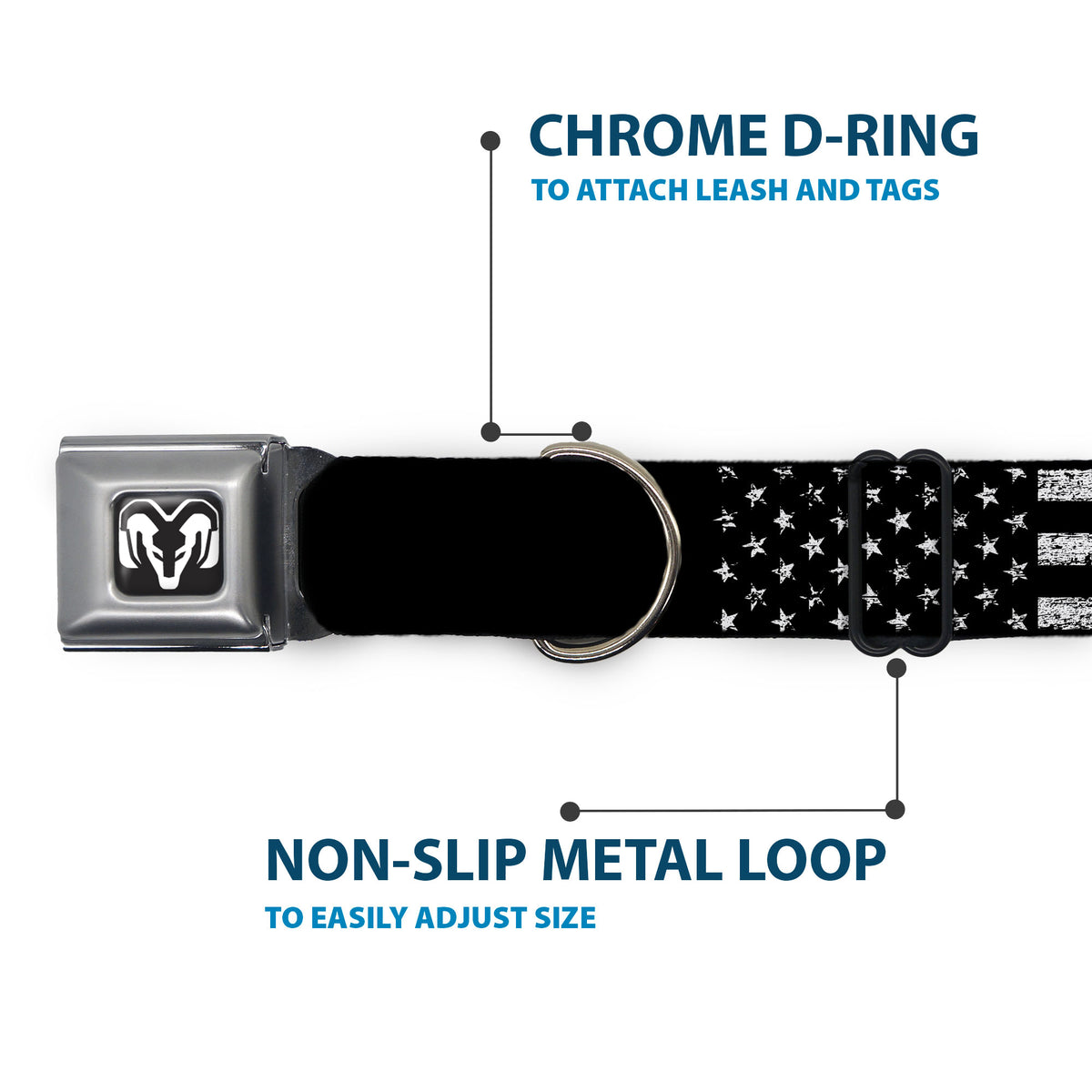 Ram Logo Full Color Black/White Seatbelt Buckle Collar - RAM Text and Logo Americana Weathered Black/White Dog Collars Seatbelt Buckle Ram
