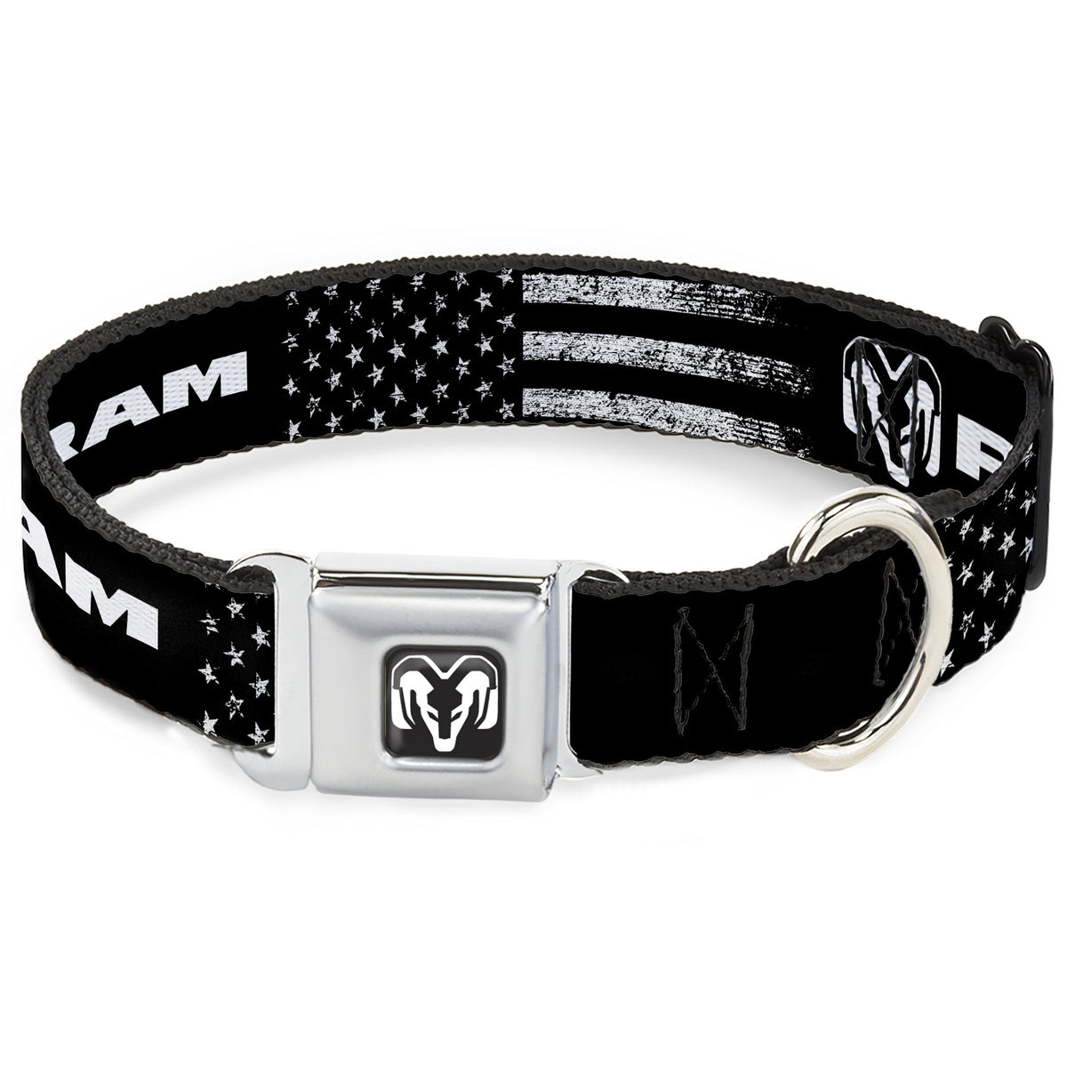 Ram Logo Full Color Black/White Seatbelt Buckle Collar - RAM Text and Logo Americana Weathered Black/White Dog Collars Seatbelt Buckle Ram