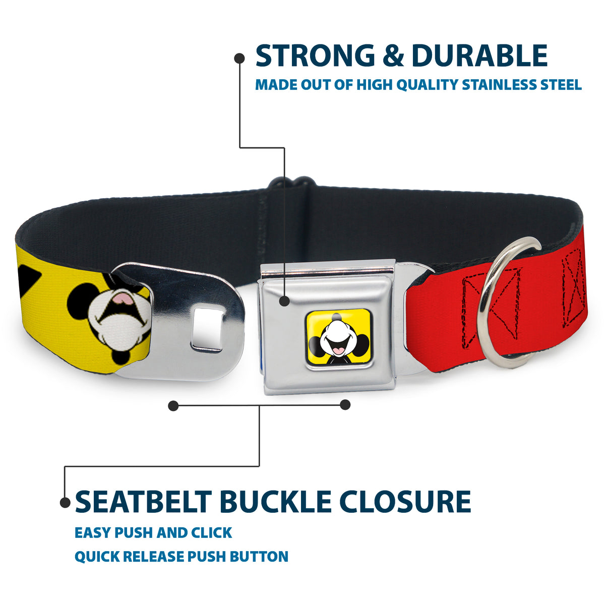 Mickey Smiling Up Pose Full Color Yellow/Black/White Seatbelt Buckle Collar - MICKEY Smiling Up Pose Flip/Buttons Yellow/Black/Red Dog Collars Seatbelt Buckle Disney