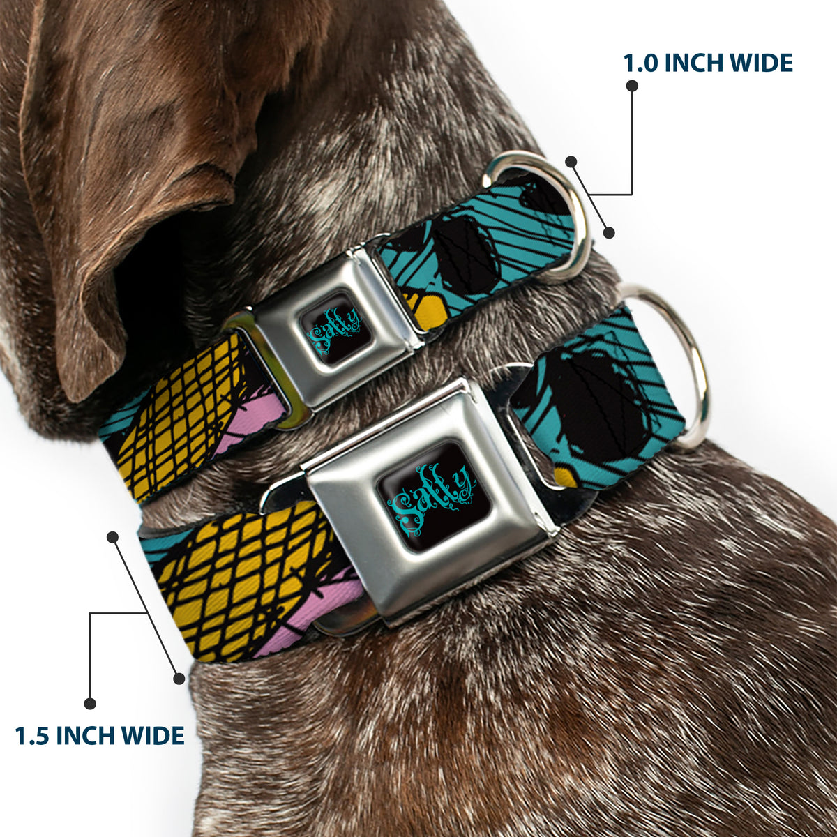 Nightmare Before Christmas SALLY Text Full Color Black/Teal Seatbelt Buckle Collar - Nightmare Before Christmas Sally Dress Patchwork Dog Collars Seatbelt Buckle Disney