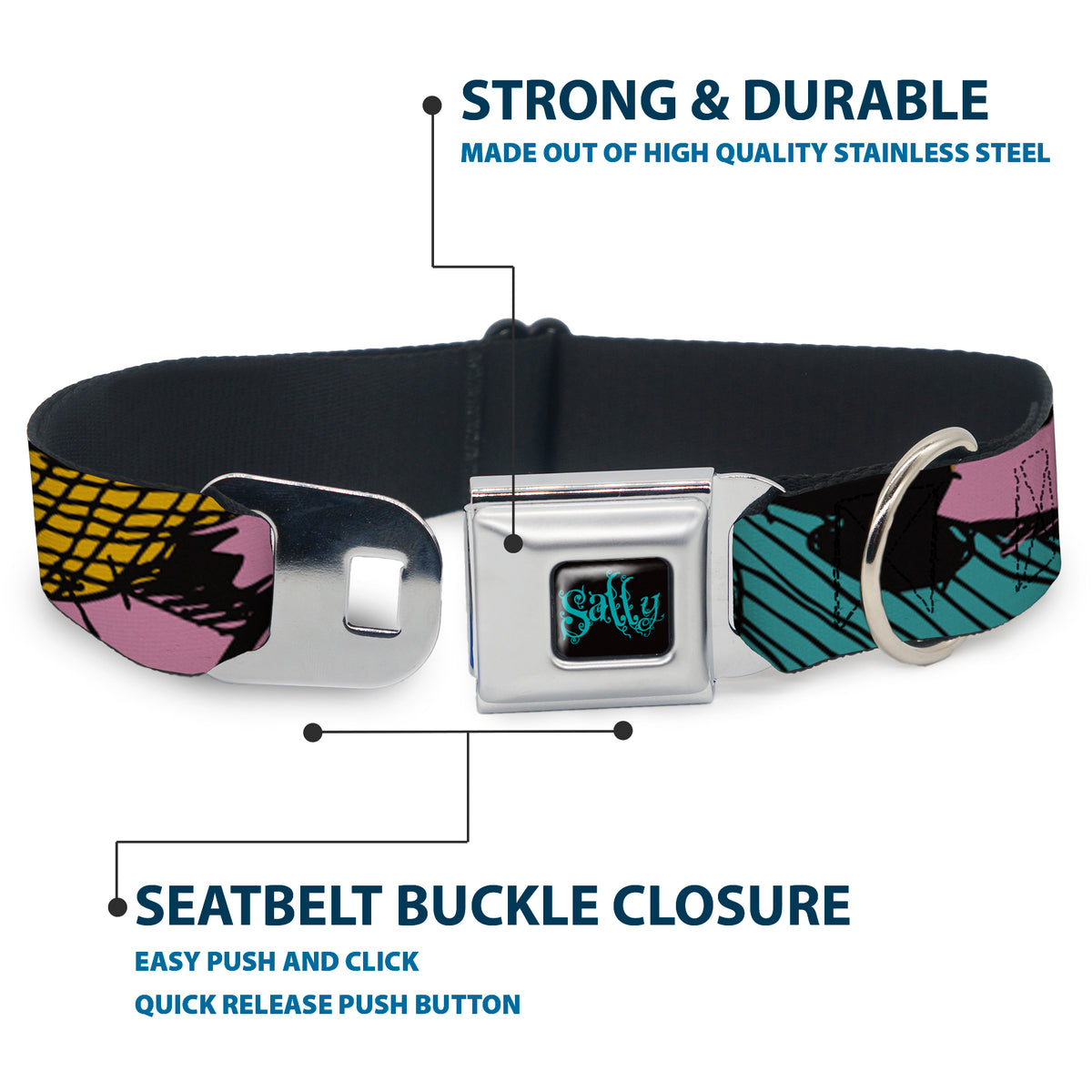Nightmare Before Christmas SALLY Text Full Color Black/Teal Seatbelt Buckle Collar - Nightmare Before Christmas Sally Dress Patchwork Dog Collars Seatbelt Buckle Disney