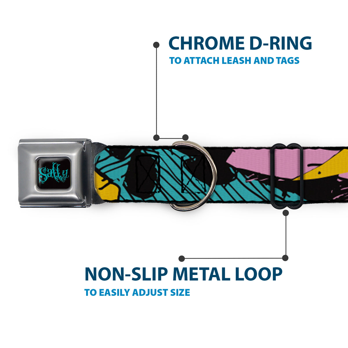 Nightmare Before Christmas SALLY Text Full Color Black/Teal Seatbelt Buckle Collar - Nightmare Before Christmas Sally Dress Patchwork Dog Collars Seatbelt Buckle Disney