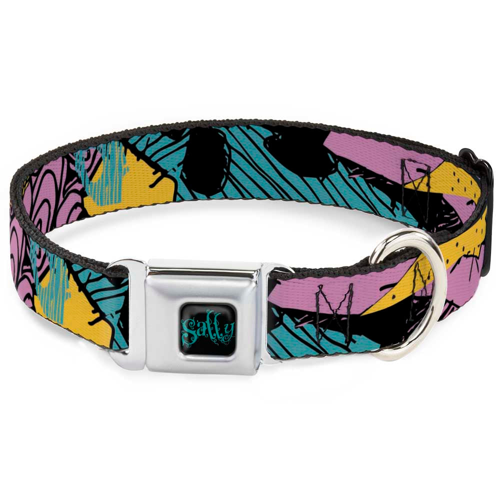 Nightmare Before Christmas SALLY Text Full Color Black/Teal Seatbelt Buckle Collar - Nightmare Before Christmas Sally Dress Patchwork Dog Collars Seatbelt Buckle Disney