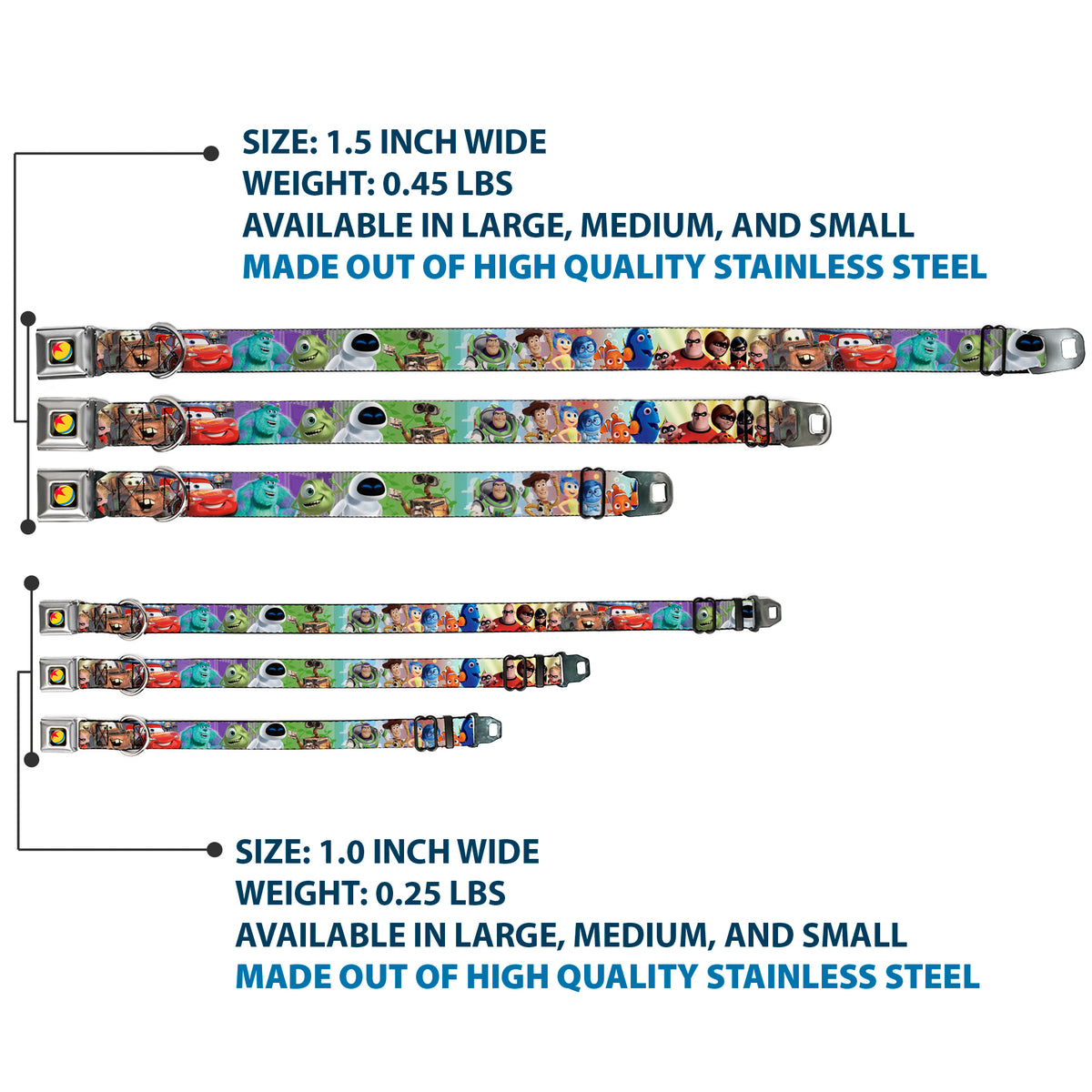 Disney Pixar Luxo Ball Full Color Black/Yellow/Blue/Red Seatbelt Buckle Collar - Disney Pixar 7-Movie Character Collage Dog Collars Seatbelt Buckle Disney