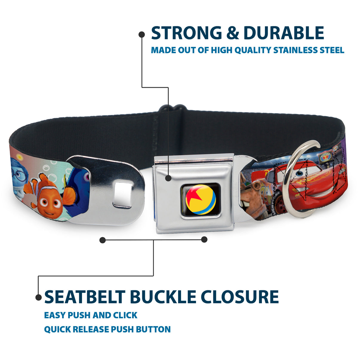 Disney Pixar Luxo Ball Full Color Black/Yellow/Blue/Red Seatbelt Buckle Collar - Disney Pixar 7-Movie Character Collage Dog Collars Seatbelt Buckle Disney