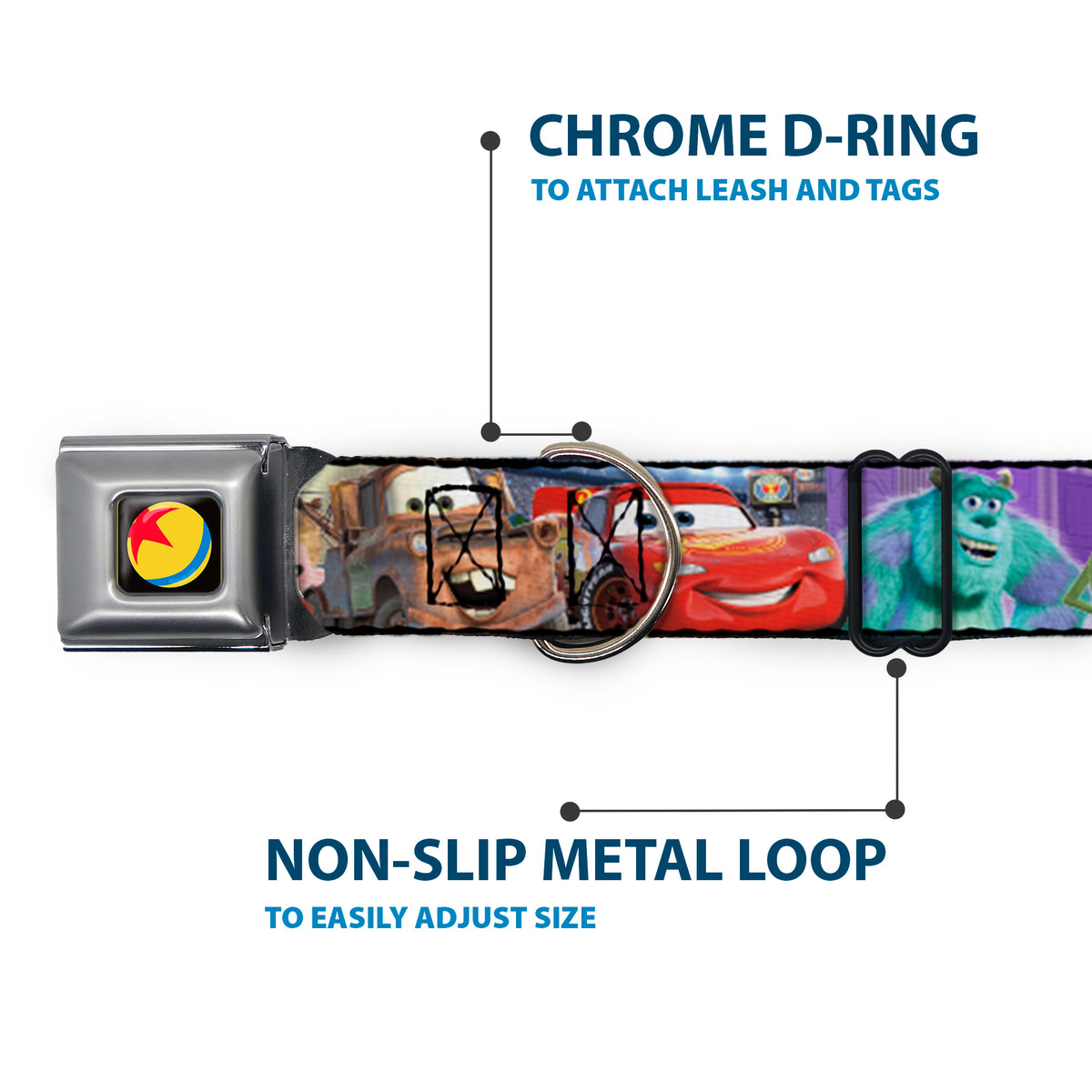 Disney Pixar Luxo Ball Full Color Black/Yellow/Blue/Red Seatbelt Buckle Collar - Disney Pixar 7-Movie Character Collage Dog Collars Seatbelt Buckle Disney