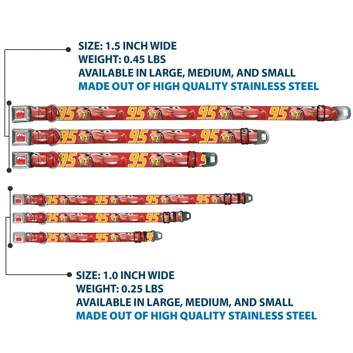 Cars Lightning McQueen Smiley Face CLOSE-UP Full Color Seatbelt Buckle Collar - Cars Lightning McQueen Smiling Pose/95 Reds/White/Orange Dog Collars Seatbelt Buckle Disney