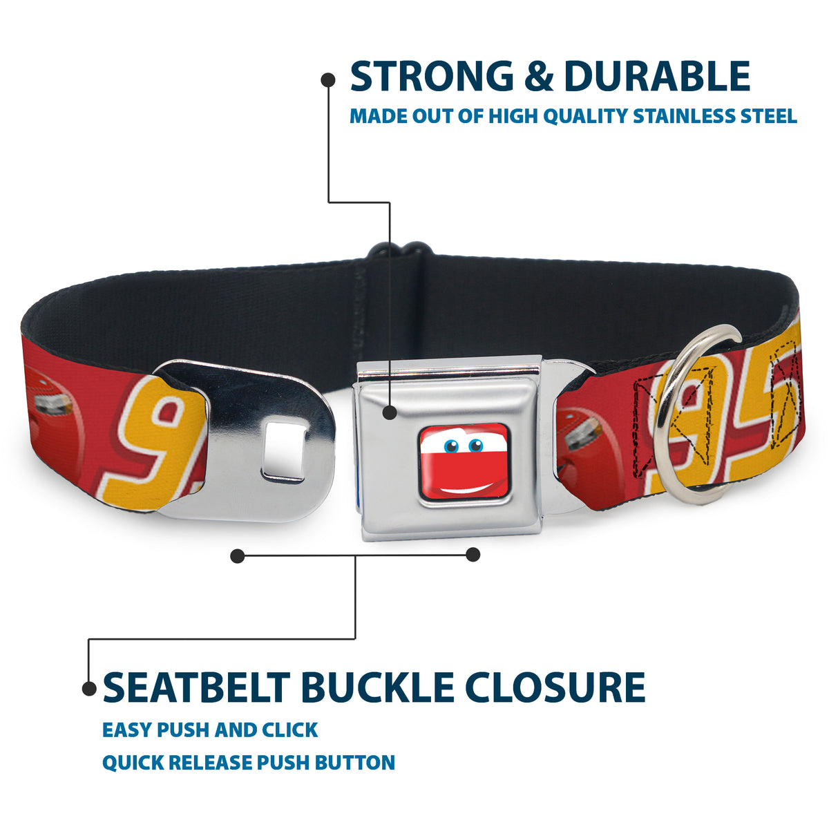 Cars Lightning McQueen Smiley Face CLOSE-UP Full Color Seatbelt Buckle Collar - Cars Lightning McQueen Smiling Pose/95 Reds/White/Orange Dog Collars Seatbelt Buckle Disney