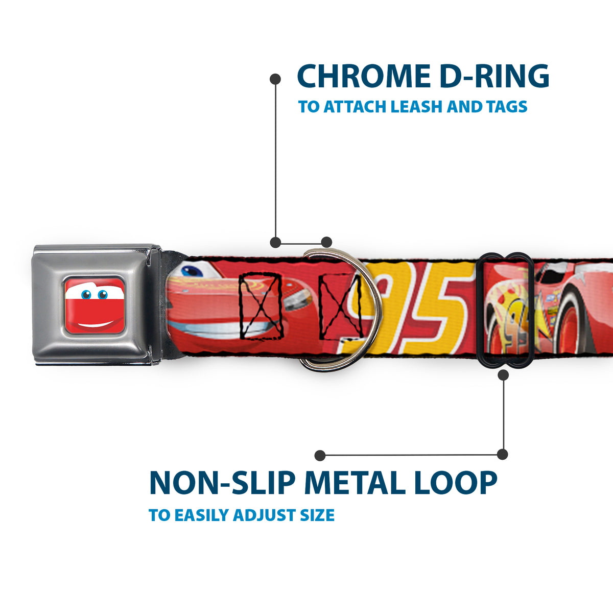 Cars Lightning McQueen Smiley Face CLOSE-UP Full Color Seatbelt Buckle Collar - Cars Lightning McQueen Smiling Pose/95 Reds/White/Orange Dog Collars Seatbelt Buckle Disney
