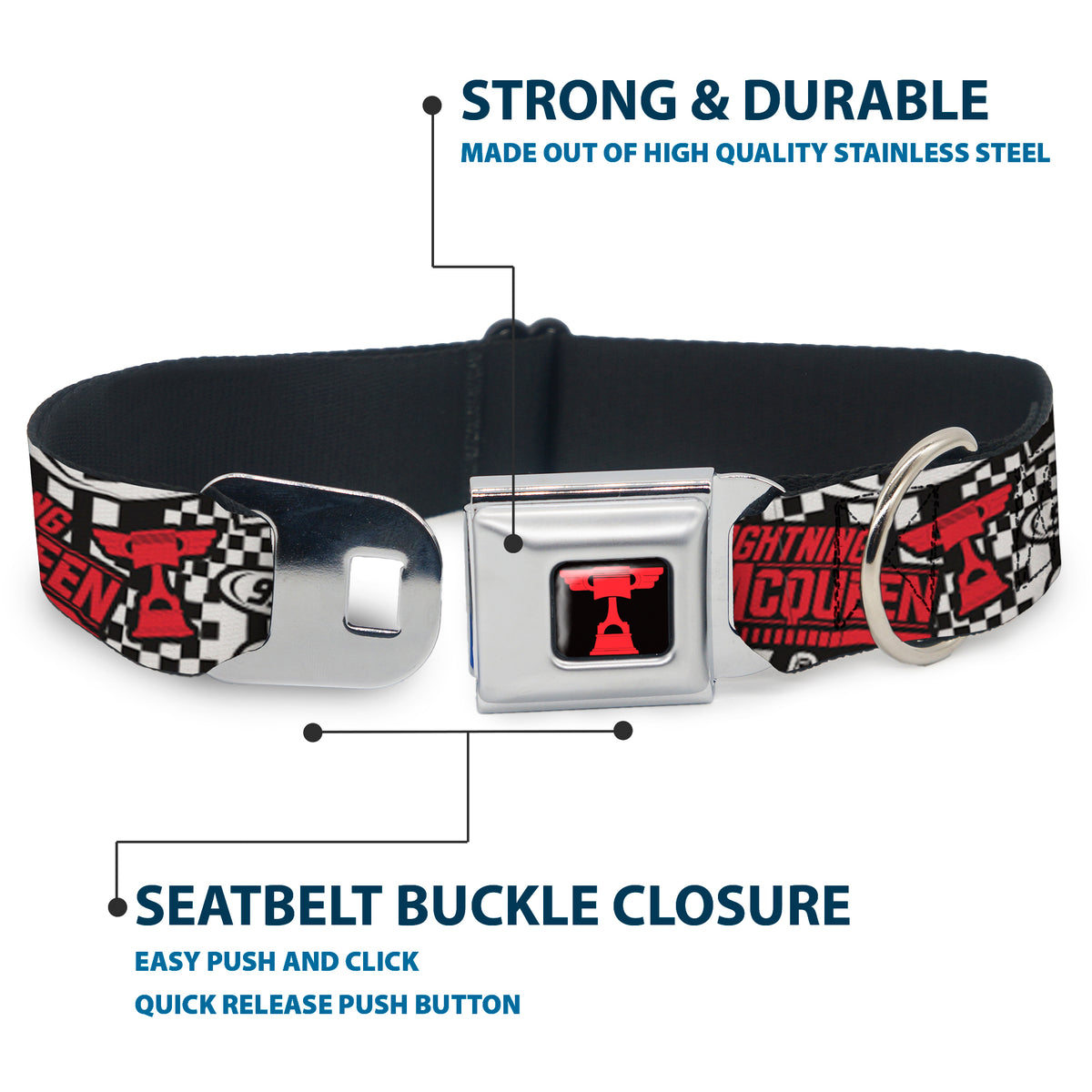 Cars Piston Cup Trophy Full Color Black/Red Seatbelt Buckle Collar - Cars Lightning McQueen Racing Collage White/Black/Red Dog Collars Seatbelt Buckle Disney