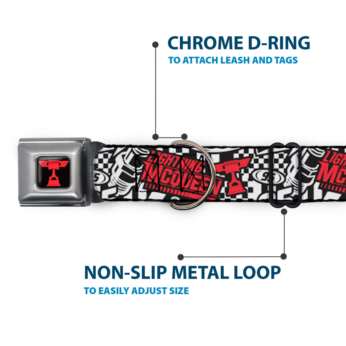 Cars Piston Cup Trophy Full Color Black/Red Seatbelt Buckle Collar - Cars Lightning McQueen Racing Collage White/Black/Red Dog Collars Seatbelt Buckle Disney