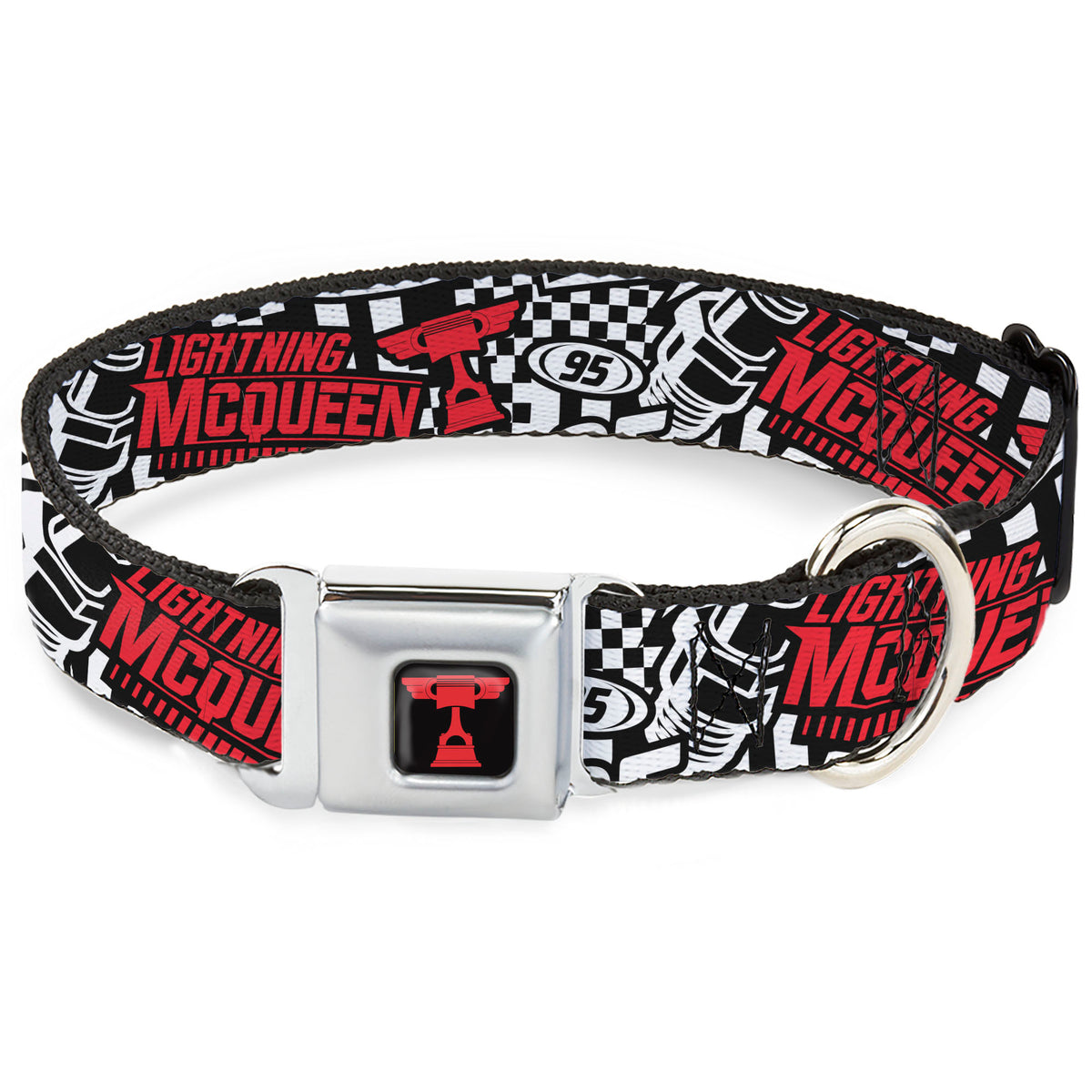 Cars Piston Cup Trophy Full Color Black/Red Seatbelt Buckle Collar - Cars Lightning McQueen Racing Collage White/Black/Red Dog Collars Seatbelt Buckle Disney