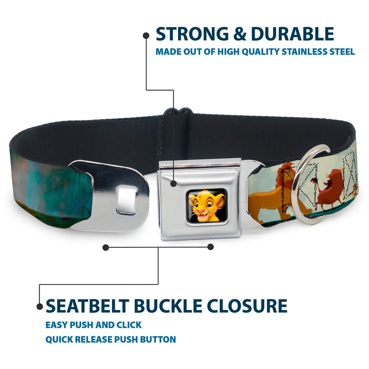 Simba2 CLOSE-UP Full Color Seatbelt Buckle Collar - Lion King Simba, Pumba & Timon Growing Up Dog Collars Seatbelt Buckle Disney