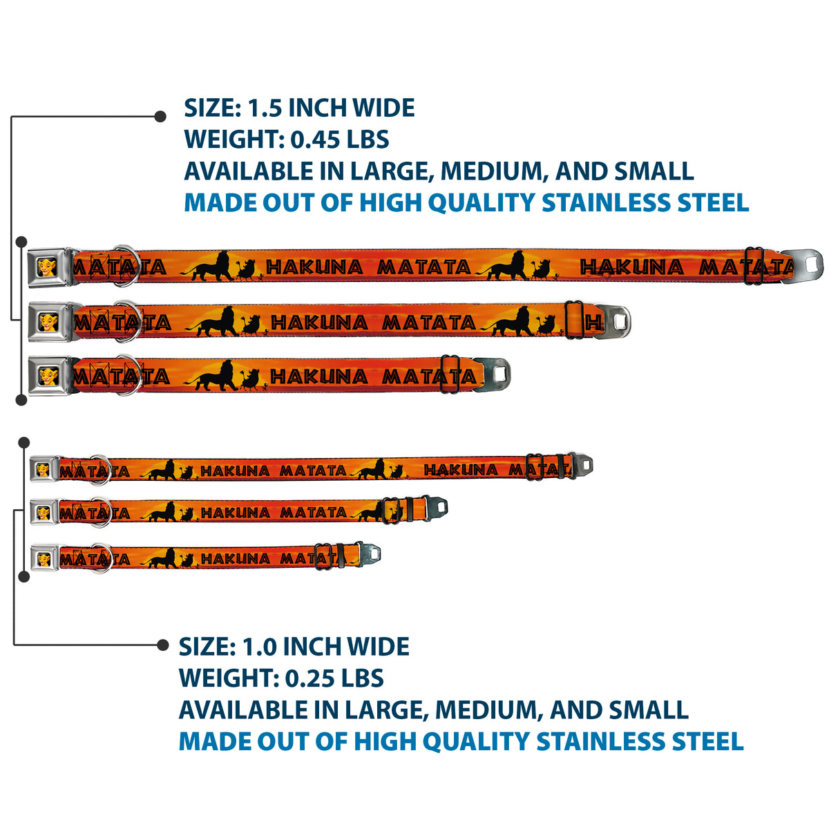 Simba2 CLOSE-UP Full Color Seatbelt Buckle Collar - Lion King HAKUNA MATATA Sunset Oranges/Black Dog Collars Seatbelt Buckle Disney