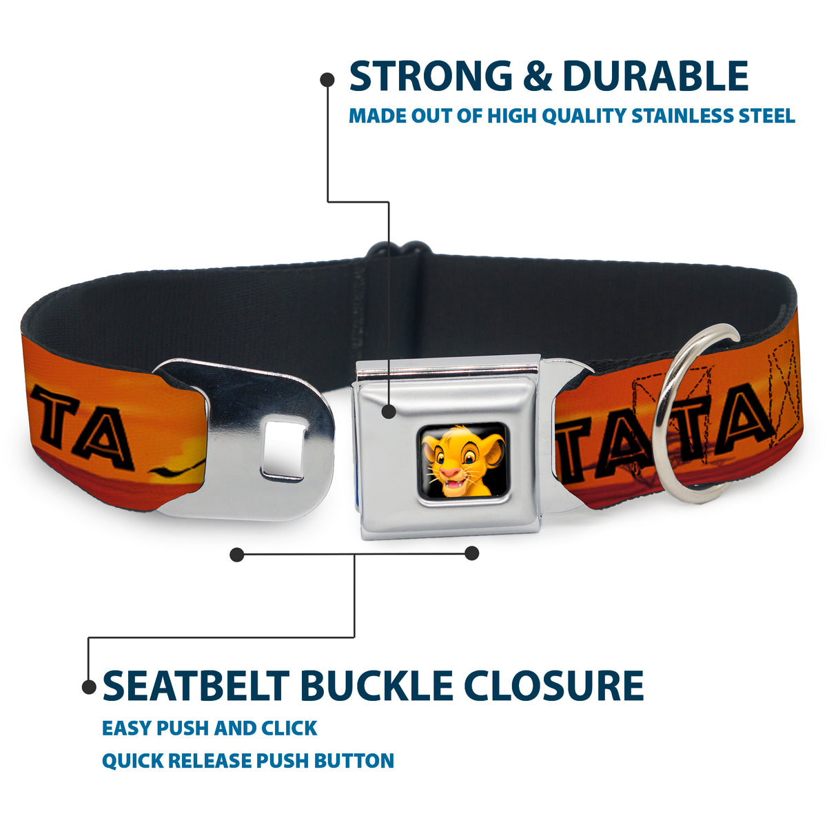 Simba2 CLOSE-UP Full Color Seatbelt Buckle Collar - Lion King HAKUNA MATATA Sunset Oranges/Black Dog Collars Seatbelt Buckle Disney