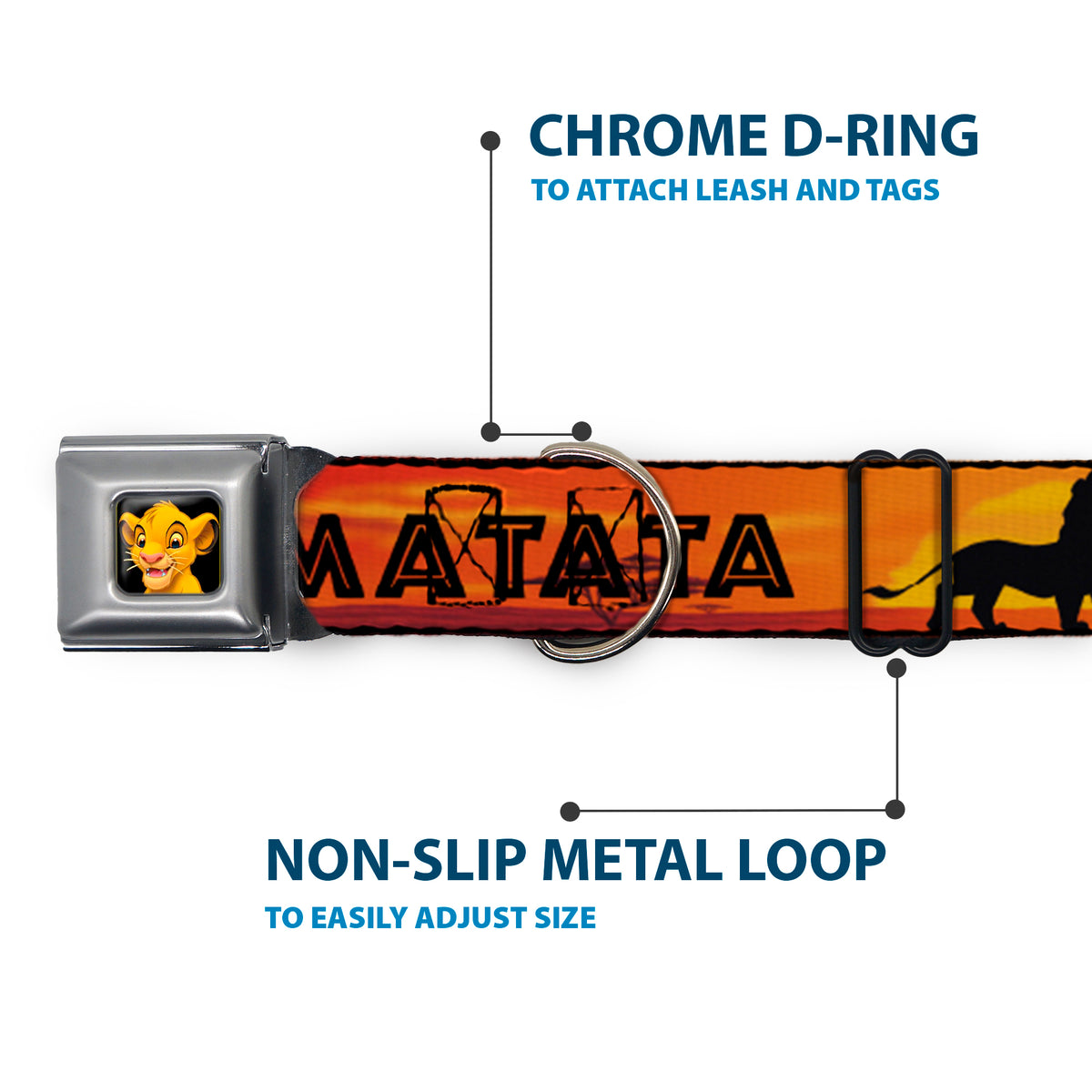 Simba2 CLOSE-UP Full Color Seatbelt Buckle Collar - Lion King HAKUNA MATATA Sunset Oranges/Black Dog Collars Seatbelt Buckle Disney