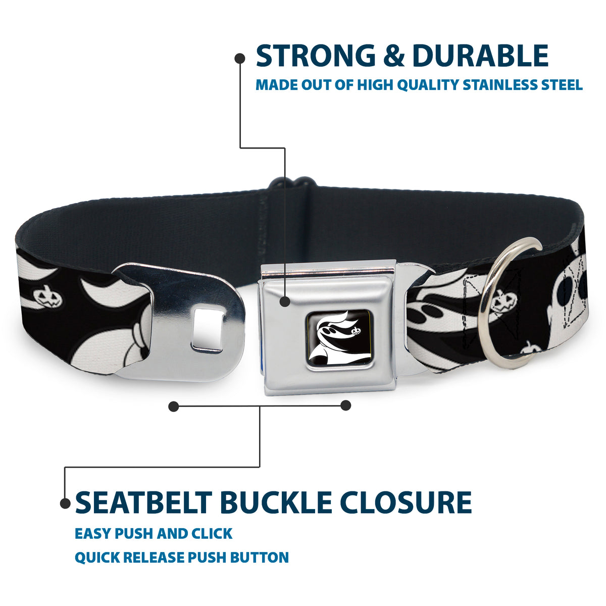 Nightmare Before Christmas Zero Smiling Full Color Black/White Seatbelt Buckle Collar - Nightmare Before Christmas Zero Expressions Black/White Dog Collars Seatbelt Buckle Disney
