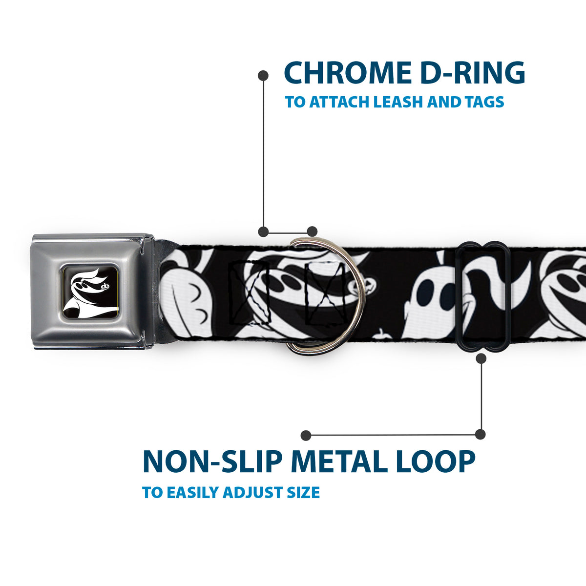Nightmare Before Christmas Zero Smiling Full Color Black/White Seatbelt Buckle Collar - Nightmare Before Christmas Zero Expressions Black/White Dog Collars Seatbelt Buckle Disney