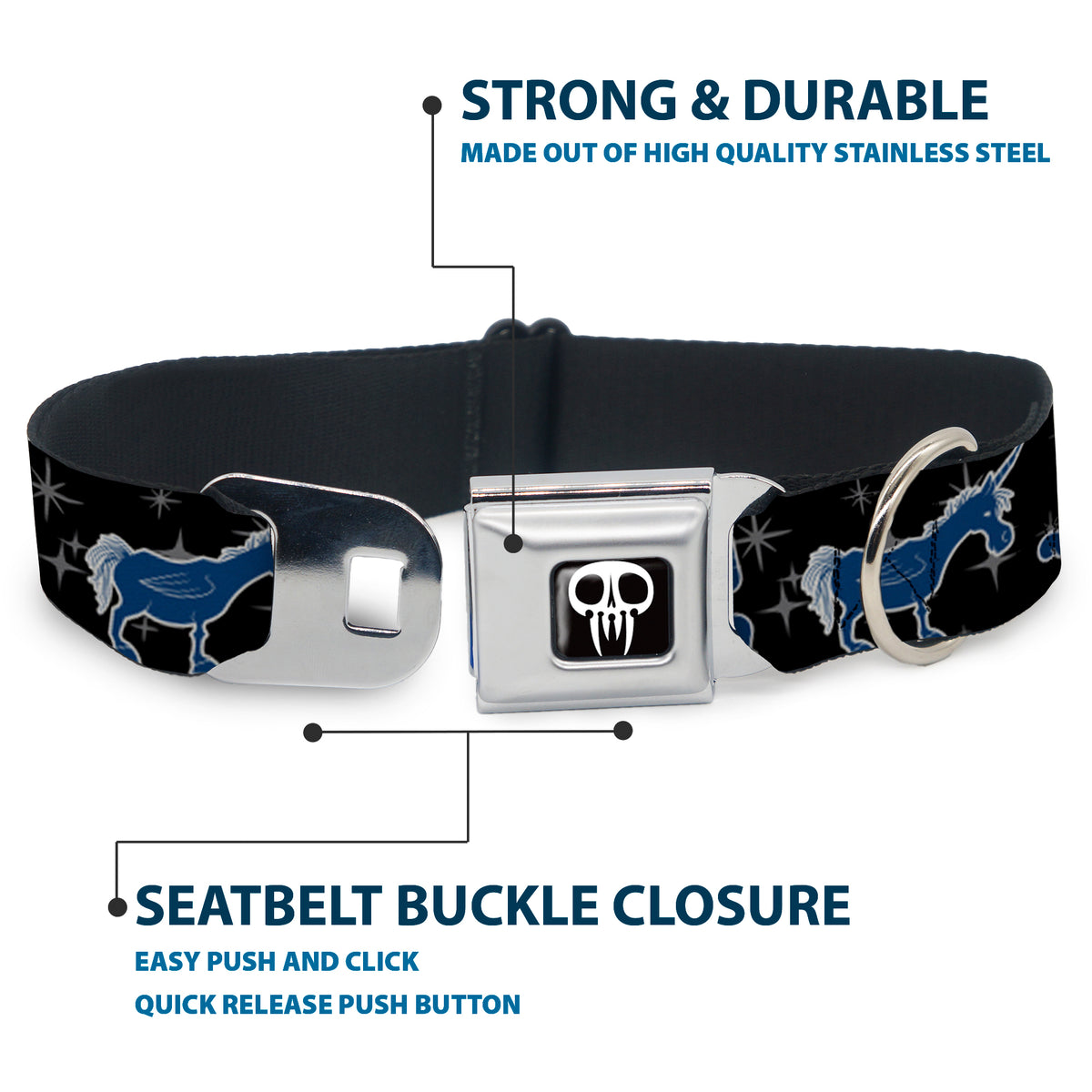 Onward Skull Icon Full Color Black/White Seatbelt Buckle Collar - Onward Barley/Unicorn/Guinevere Icons/Stars Black/Gray/Blues Dog Collars Seatbelt Buckle Disney